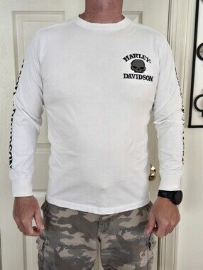Harley-Davidson White Long-Sleeve Skull Logo Tee with Sleeve Graphics